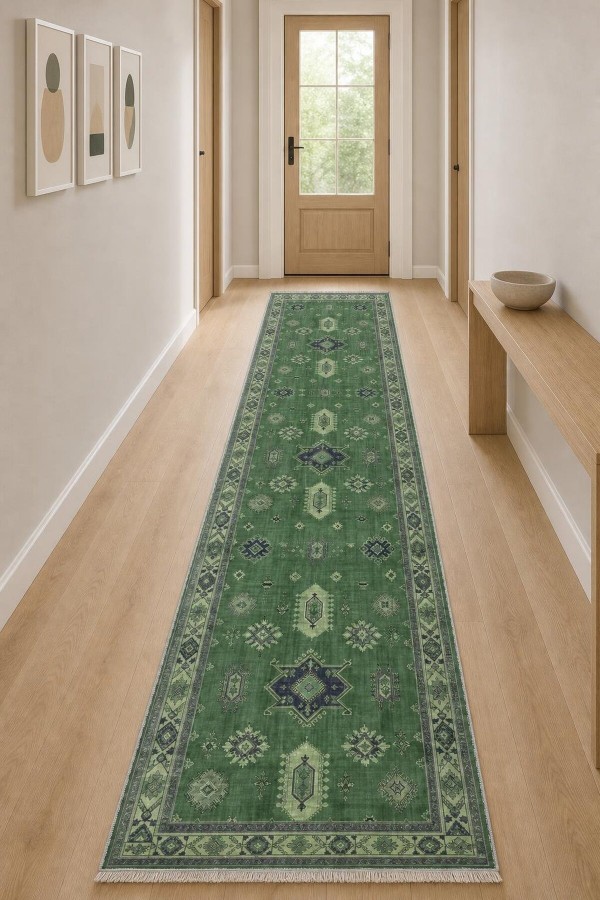 Yeşil Mutfak Halısı Arayanlara Klasik Desenli Saçaklı Kilim Yolluk Koridor Kullanımı