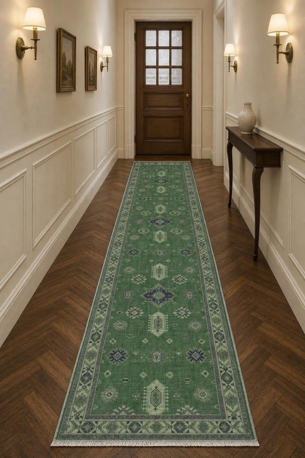 Yeşil Mutfak Halısı Arayanlara Klasik Desenli Saçaklı Kilim Yolluk Koridor Kullanımı