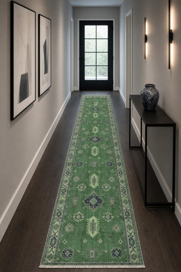 Yeşil Mutfak Halısı Arayanlara Klasik Desenli Saçaklı Kilim Yolluk Koridor Kullanımı
