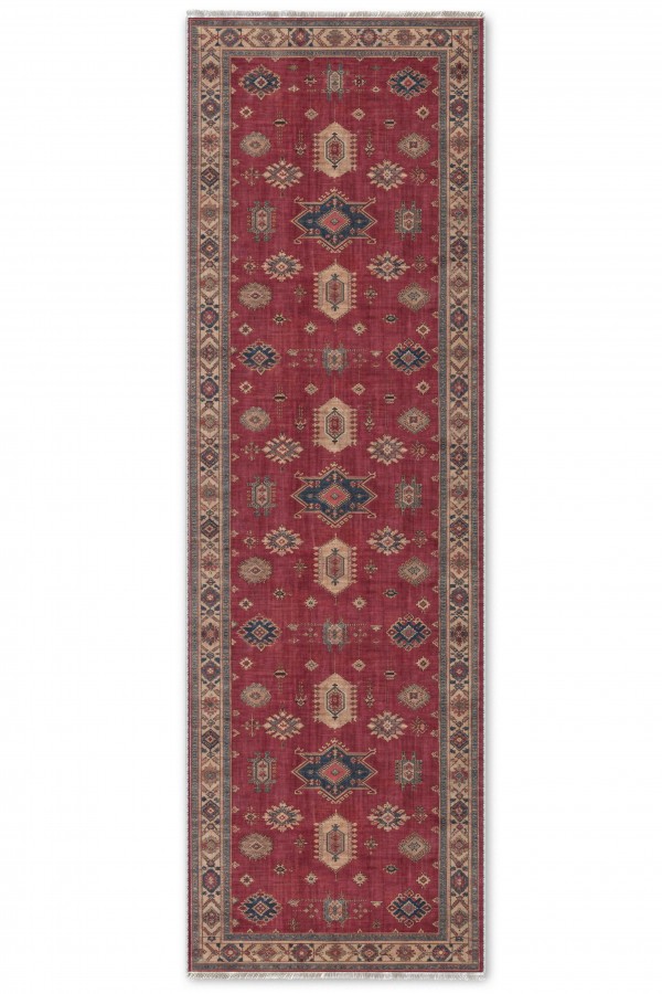 Kırmızı Mutfak Halısı Olarak Kullanılabilen Klasik Desenli Saçaklı Kilim Yolluk