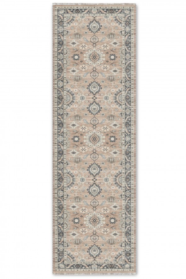 Bej Mutfak Halısı Ve Koridor İ̇̇çin Klasik Çiçek Desenli Saçaklı Kilim Yolluk