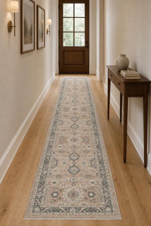 Bej Klasik Çiçek Desenli Koridor Kilim Yolluk Halı KY30261