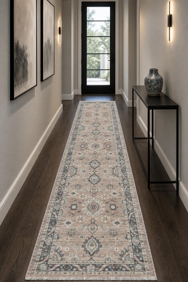 Bej Mutfak Halısı Ve Koridor İ̇̇çin Klasik Çiçek Desenli Saçaklı Kilim Yolluk