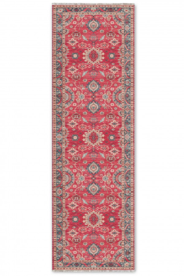Kırmızı Mutfak Halısı Arayanlara Uygun Klasik Çiçek Desenli Saçaklı Kilim Yolluk