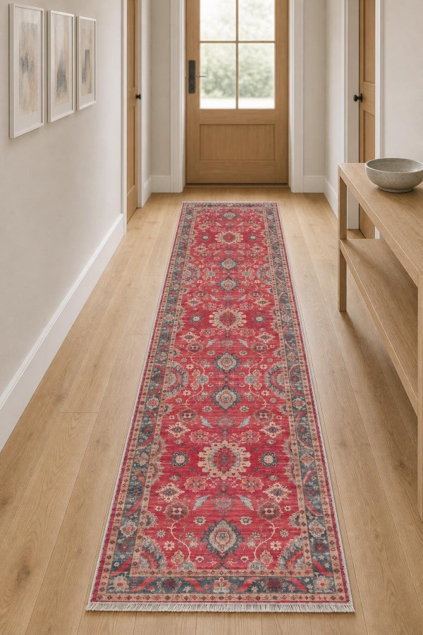 Kırmızı Mutfak Halısı Arayanlara Uygun Klasik Çiçek Desenli Saçaklı Kilim Yolluk