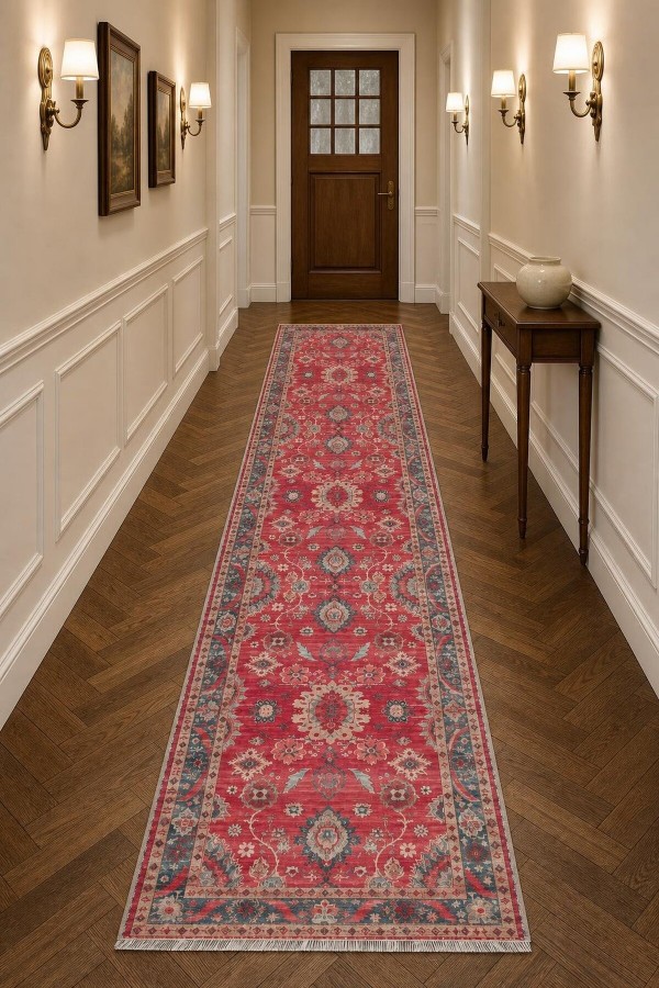 Kırmızı Mutfak Halısı Arayanlara Uygun Klasik Çiçek Desenli Saçaklı Kilim Yolluk