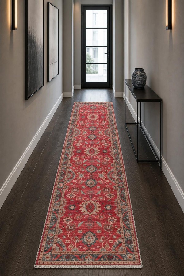 Kırmızı Mutfak Halısı Arayanlara Uygun Klasik Çiçek Desenli Saçaklı Kilim Yolluk