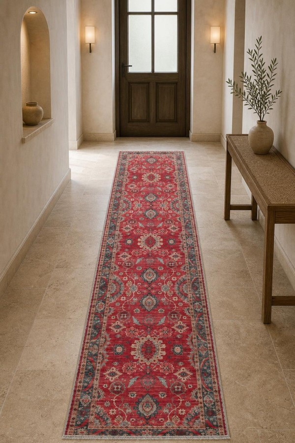 Kırmızı Mutfak Halısı Arayanlara Uygun Klasik Çiçek Desenli Saçaklı Kilim Yolluk