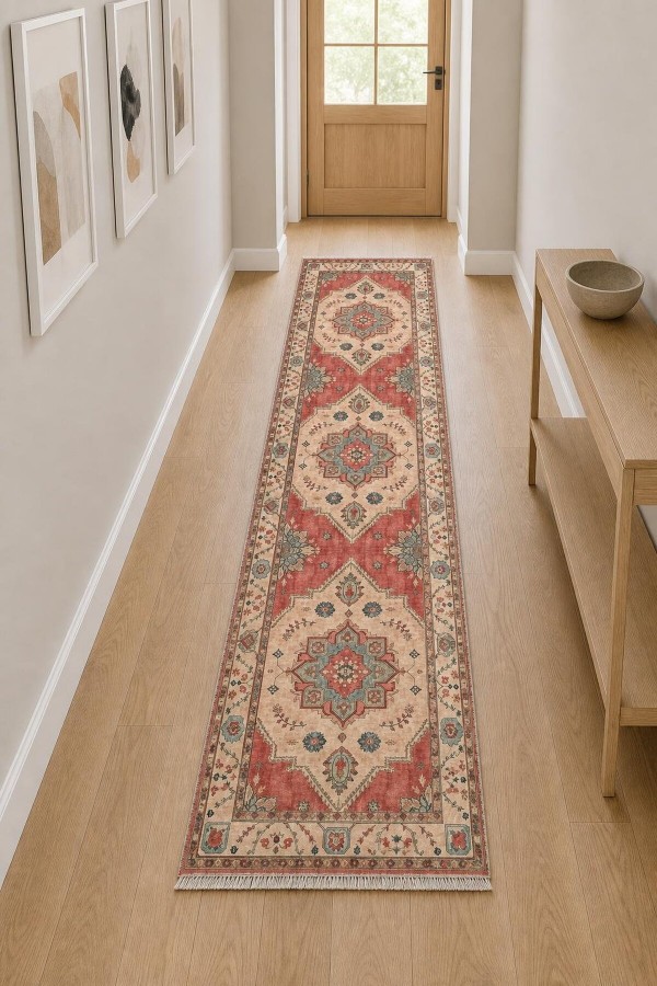Kırmızı Mutfak Halısı Arayanlar İ̇̇çin Klasik Çiçek Desenli Saçaklı Kilim Yolluk