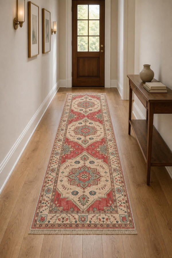 Kırmızı Mutfak Halısı Arayanlar İ̇̇çin Klasik Çiçek Desenli Saçaklı Kilim Yolluk