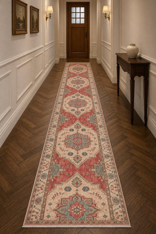 Kırmızı Mutfak Halısı Arayanlar İ̇̇çin Klasik Çiçek Desenli Saçaklı Kilim Yolluk