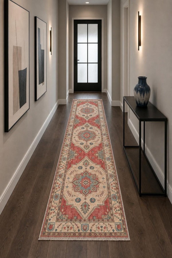 Kırmızı Mutfak Halısı Arayanlar İ̇̇çin Klasik Çiçek Desenli Saçaklı Kilim Yolluk