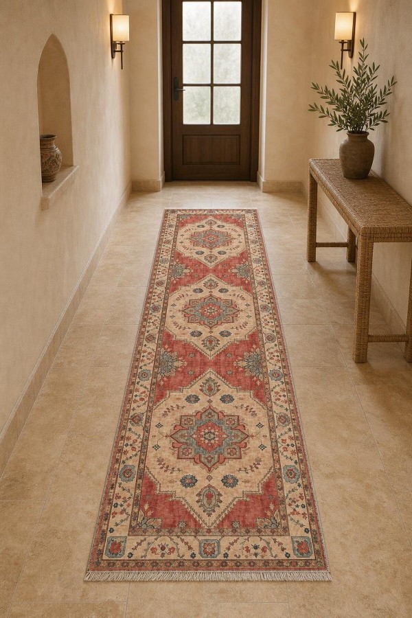 Kırmızı Mutfak Halısı Arayanlar İ̇̇çin Klasik Çiçek Desenli Saçaklı Kilim Yolluk
