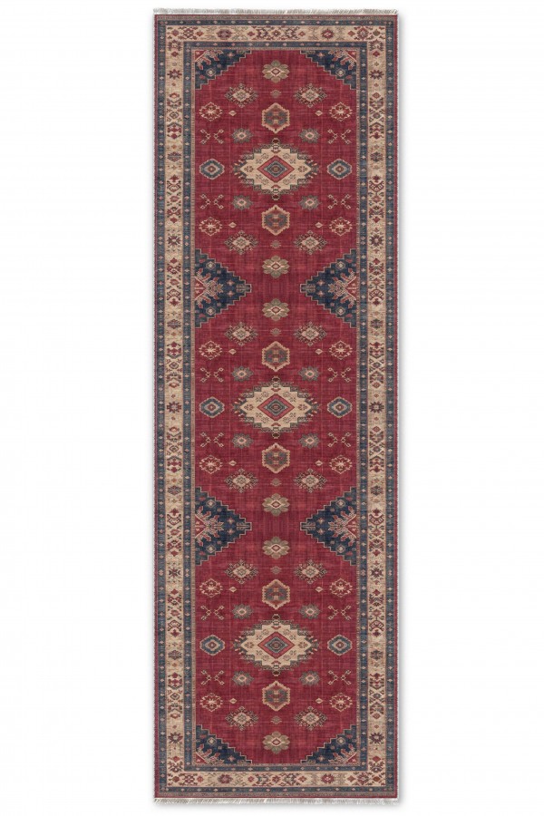 Kırmızı Mutfak Halısı Arayanlara Uygun Klasik Geometrik Desenli Kilim Yolluk