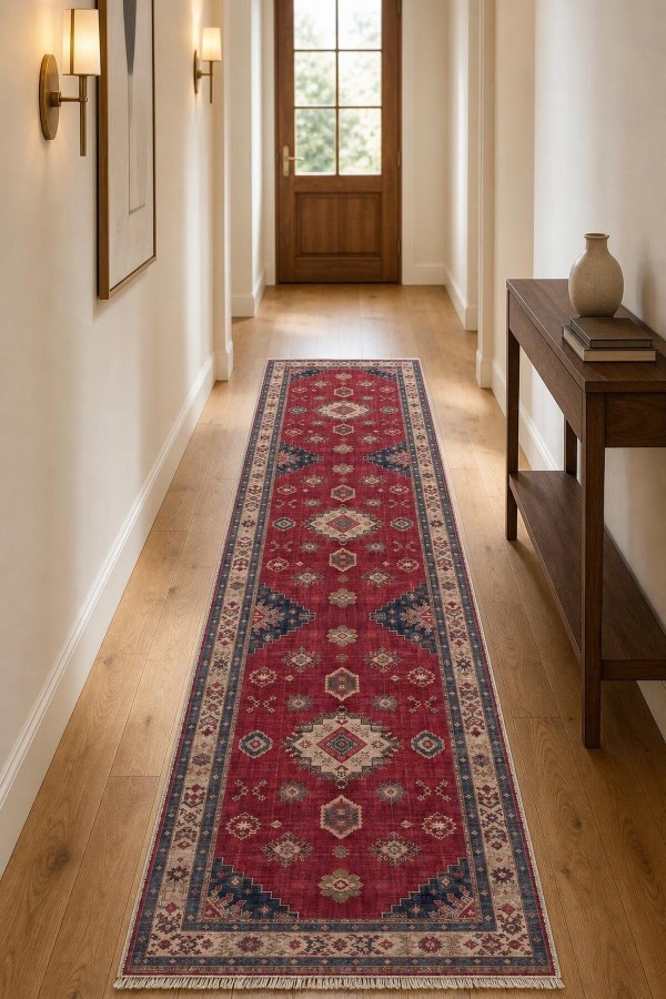 Kırmızı Mutfak Halısı Arayanlara Uygun Klasik Geometrik Desenli Kilim Yolluk