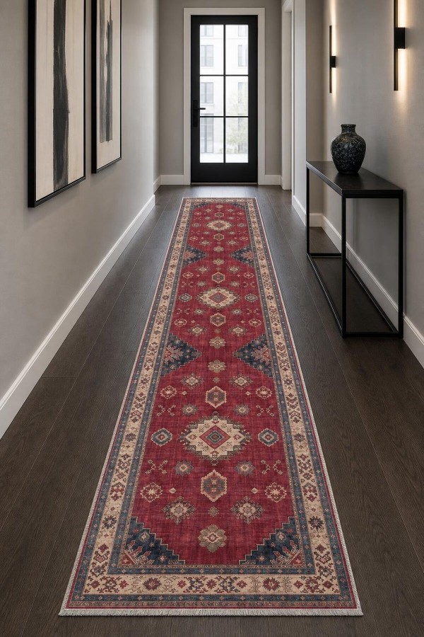 Kırmızı Mutfak Halısı Arayanlara Uygun Klasik Geometrik Desenli Kilim Yolluk