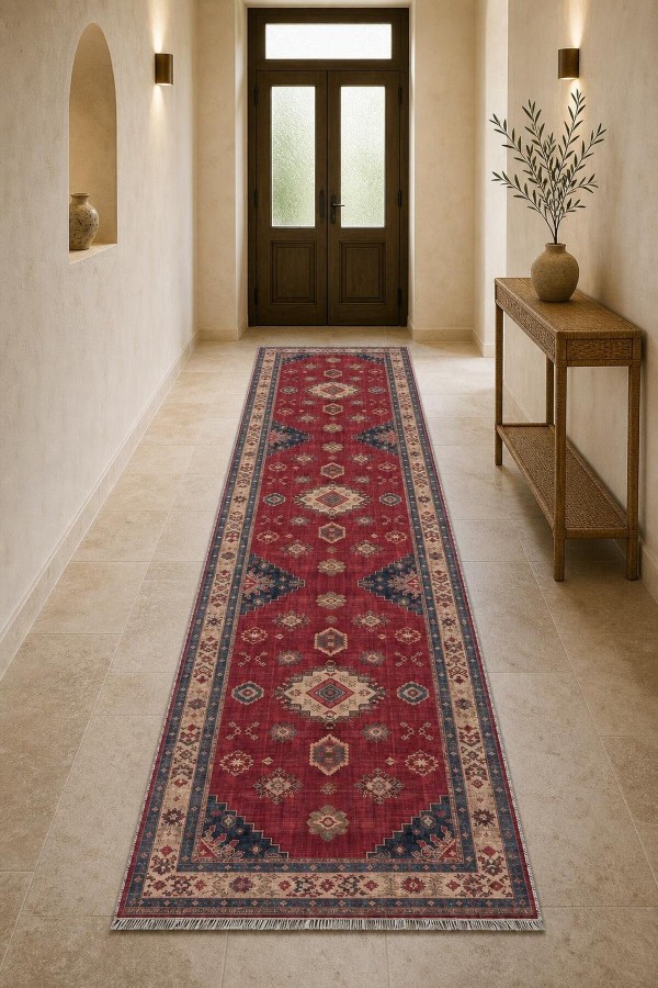 Kırmızı Mutfak Halısı Arayanlara Uygun Klasik Geometrik Desenli Kilim Yolluk