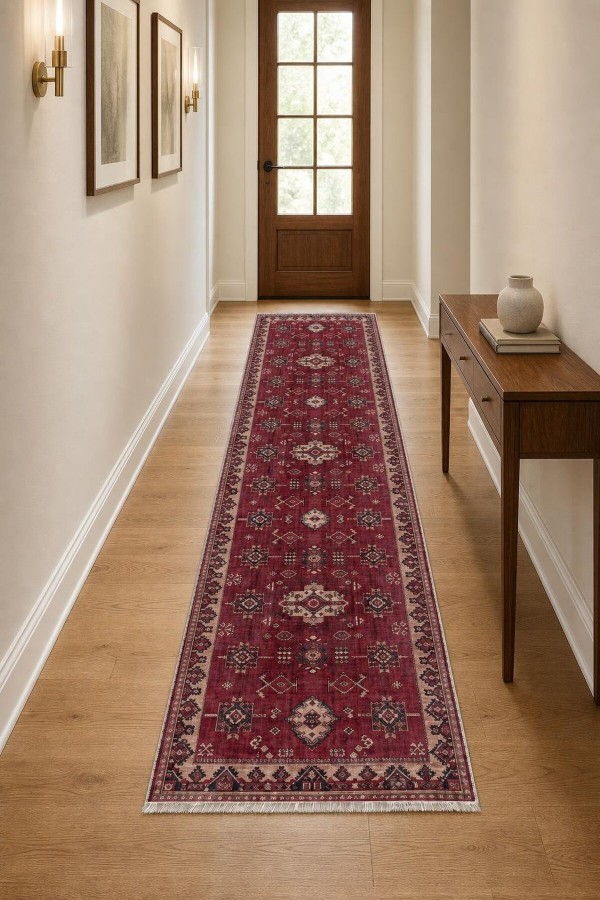 Kırmızı Mutfak Halısı Arayanlar İ̇̇çin Klasik Desenli Saçaklı Kilim Yolluk