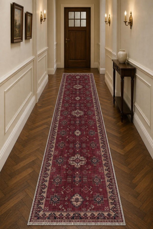 Kırmızı Mutfak Halısı Arayanlar İ̇̇çin Klasik Desenli Saçaklı Kilim Yolluk