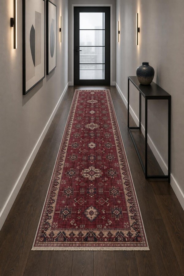Kırmızı Mutfak Halısı Arayanlar İ̇̇çin Klasik Desenli Saçaklı Kilim Yolluk
