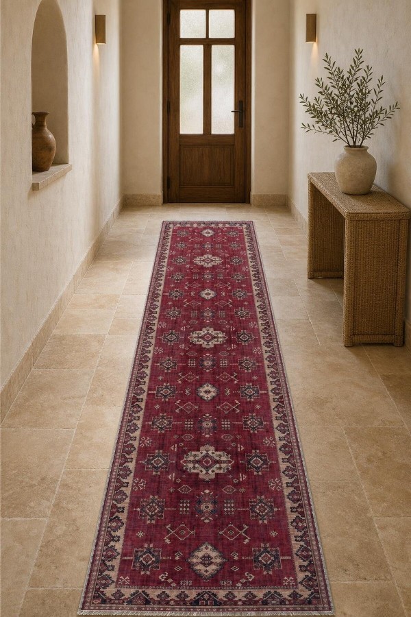 Kırmızı Mutfak Halısı Arayanlar İ̇̇çin Klasik Desenli Saçaklı Kilim Yolluk