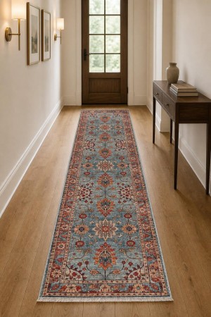 Mavi Klasik Çiçek Desenli Koridor Kilim Yolluk Halı KY3030