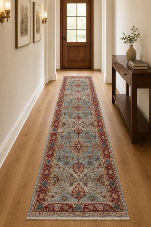 Mavi Klasik Çiçek Desenli Koridor Kilim Yolluk Halı KY3032