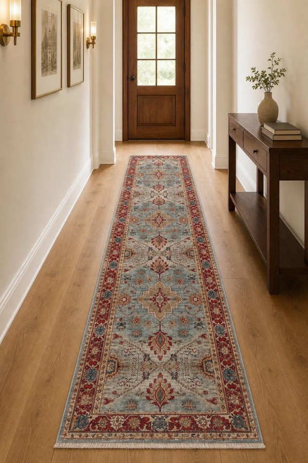 Mavi Mutfak Halısı Arayanlar İ̇̇çin Klasik Çiçek Desenli Saçaklı Kilim Yolluk