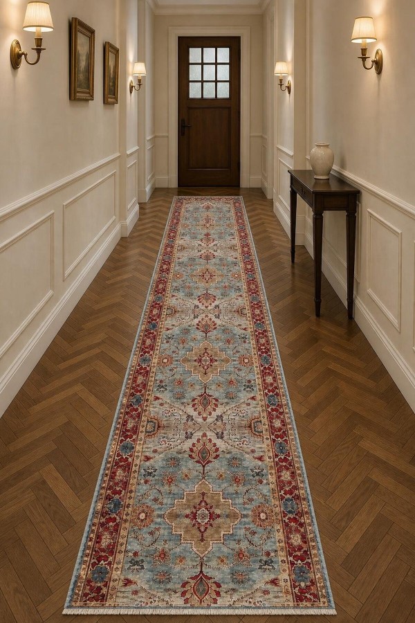 Mavi Mutfak Halısı Arayanlar İ̇̇çin Klasik Çiçek Desenli Saçaklı Kilim Yolluk