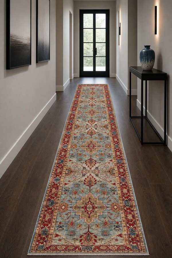 Mavi Mutfak Halısı Arayanlar İ̇̇çin Klasik Çiçek Desenli Saçaklı Kilim Yolluk