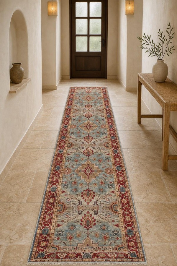 Mavi Mutfak Halısı Arayanlar İ̇̇çin Klasik Çiçek Desenli Saçaklı Kilim Yolluk