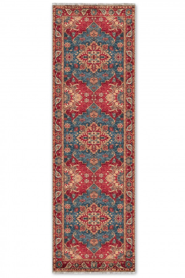 Kırmızı Mutfak Halısı Kullanımına Uygun Klasik Çiçek Desenli Saçaklı Kilim Yolluk