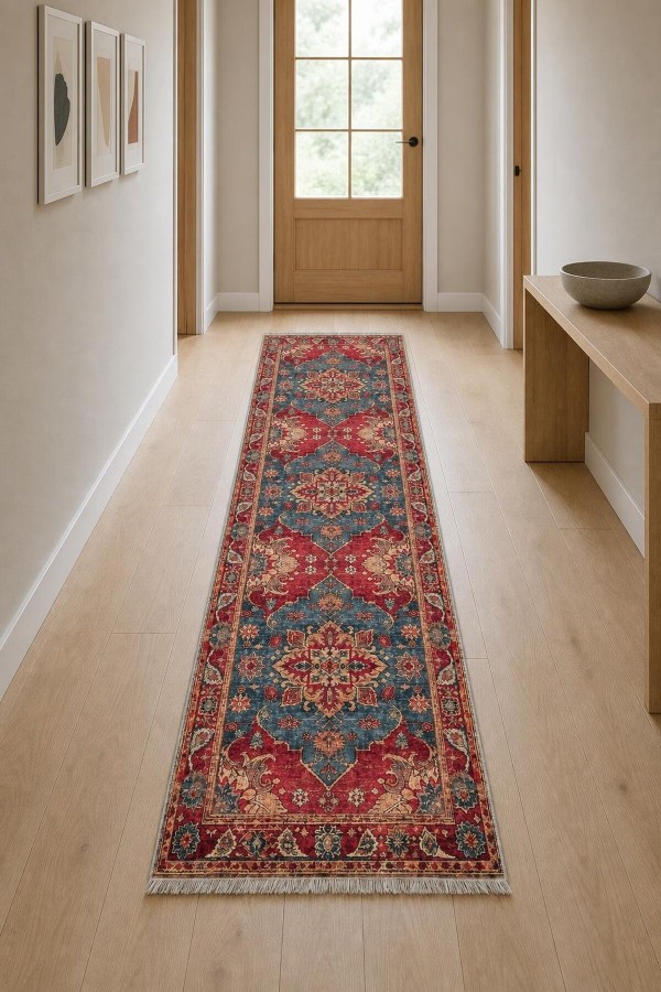 Kırmızı Mutfak Halısı Kullanımına Uygun Klasik Çiçek Desenli Saçaklı Kilim Yolluk