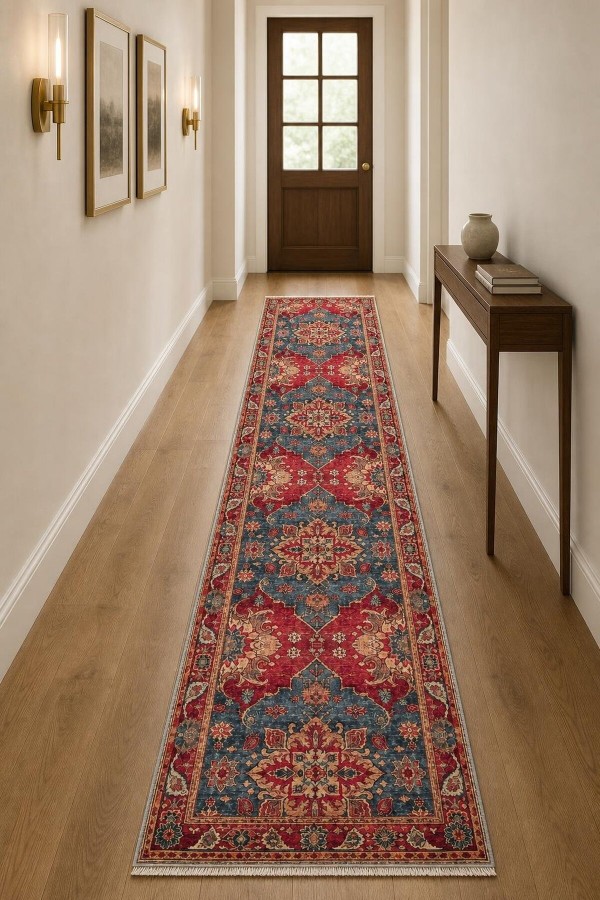 Kırmızı Mutfak Halısı Kullanımına Uygun Klasik Çiçek Desenli Saçaklı Kilim Yolluk