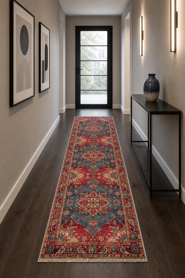 Kırmızı Mutfak Halısı Kullanımına Uygun Klasik Çiçek Desenli Saçaklı Kilim Yolluk