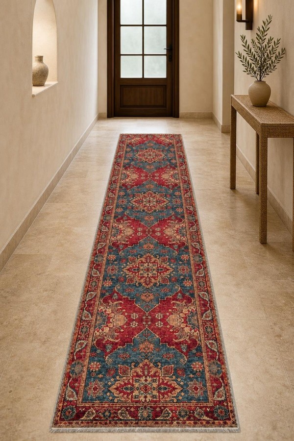Kırmızı Mutfak Halısı Kullanımına Uygun Klasik Çiçek Desenli Saçaklı Kilim Yolluk