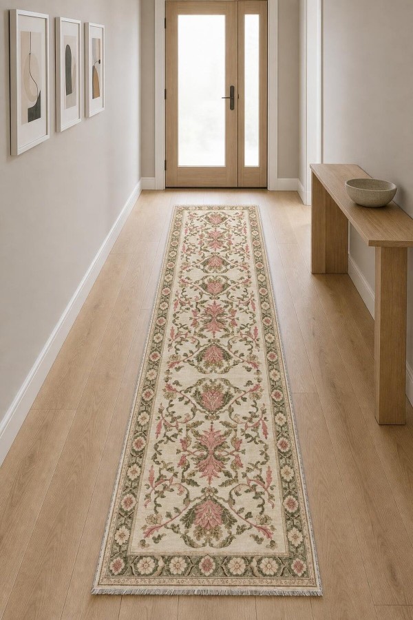 Krem Mutfak Halısı Arayanlar İ̇̇çin Klasik Çiçek Desenli Saçaklı Kilim Yolluk