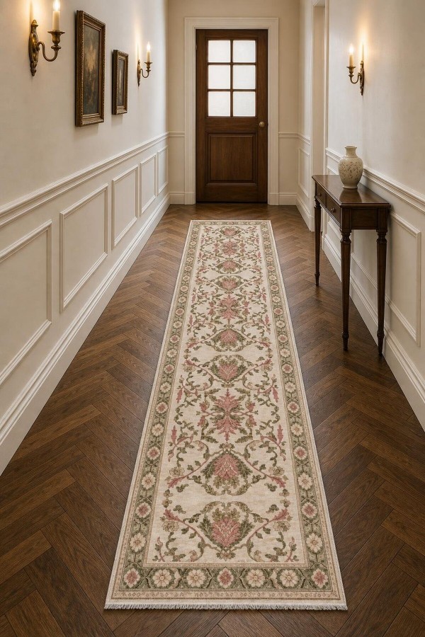 Krem Mutfak Halısı Arayanlar İ̇̇çin Klasik Çiçek Desenli Saçaklı Kilim Yolluk