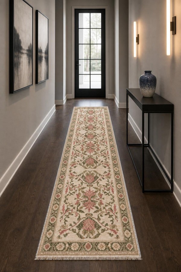Krem Mutfak Halısı Arayanlar İ̇̇çin Klasik Çiçek Desenli Saçaklı Kilim Yolluk