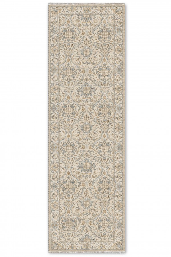 Bej Mutfak Halısı Kullanımına Uygun Klasik Çiçek Desenli Saçaklı Kilim Yolluk
