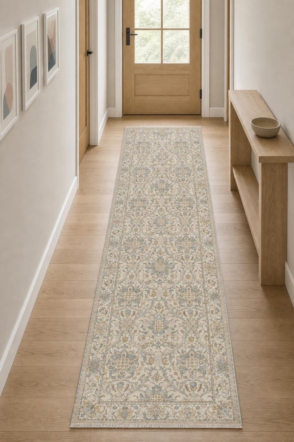 Bej Mutfak Halısı Kullanımına Uygun Klasik Çiçek Desenli Saçaklı Kilim Yolluk