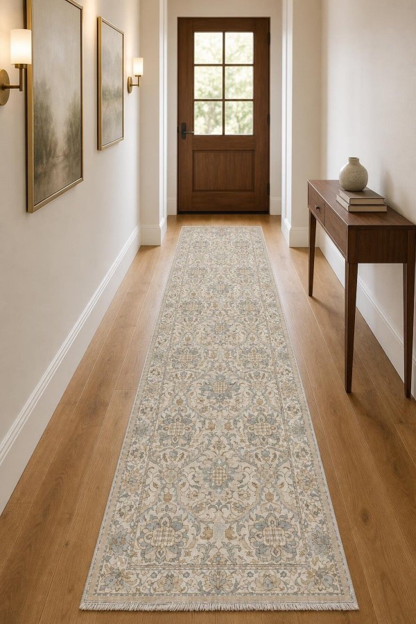 Bej Mutfak Halısı Kullanımına Uygun Klasik Çiçek Desenli Saçaklı Kilim Yolluk