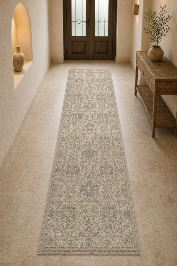 Bej Mutfak Halısı Kullanımına Uygun Klasik Çiçek Desenli Saçaklı Kilim Yolluk