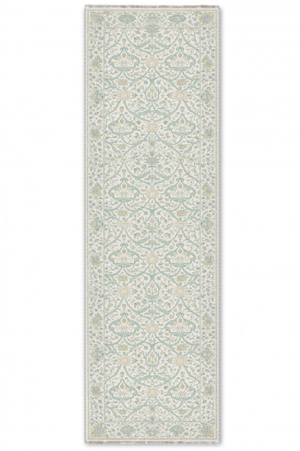 Açık Mavi Klasik Çiçek Desenli Mavi Mutfak Halısı Uyumlu Saçaklı Kilim Yolluk