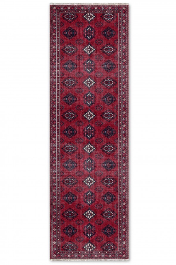 Kırmızı Mutfak Halısı Kullanımına Uygun Klasik Desenli Saçaklı Kilim Yolluk