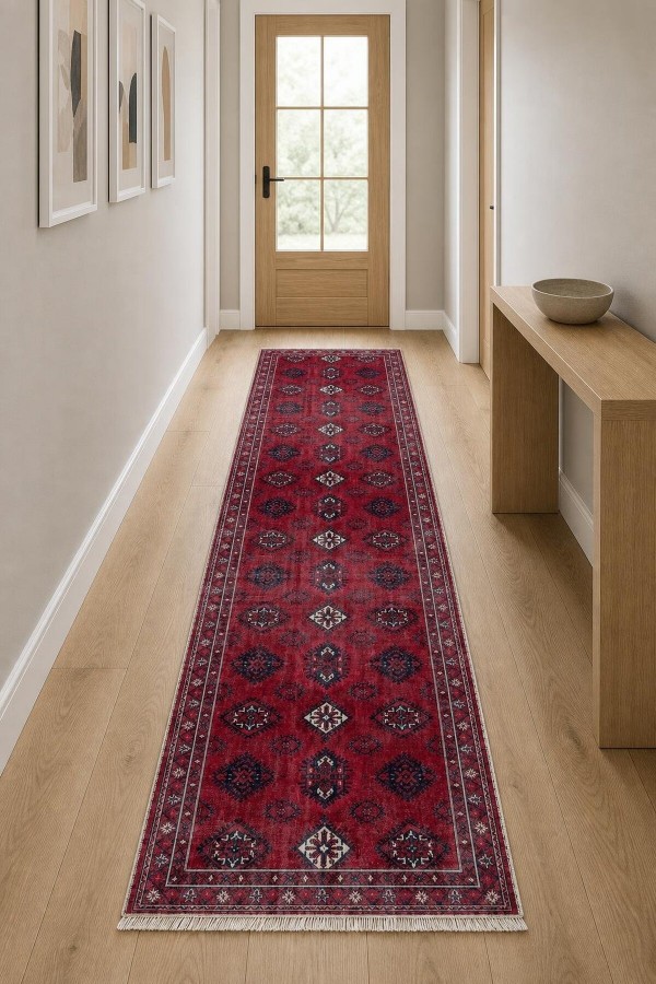 Kırmızı Mutfak Halısı Kullanımına Uygun Klasik Desenli Saçaklı Kilim Yolluk