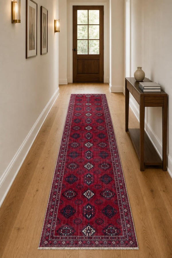 Kırmızı Mutfak Halısı Kullanımına Uygun Klasik Desenli Saçaklı Kilim Yolluk
