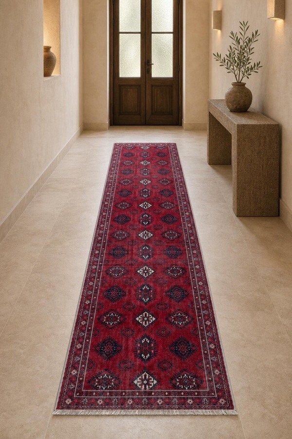 Kırmızı Mutfak Halısı Kullanımına Uygun Klasik Desenli Saçaklı Kilim Yolluk