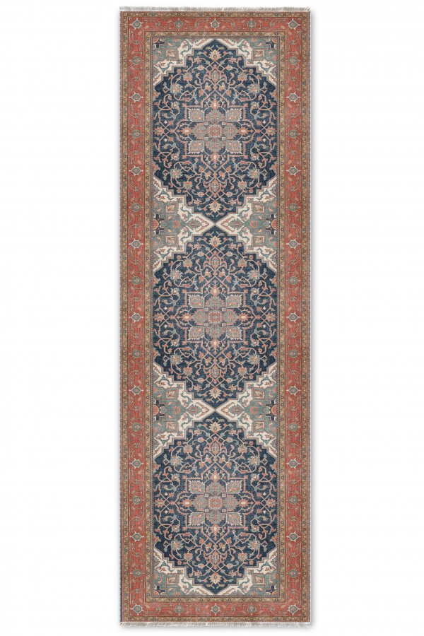 Lacivert Mutfak Halısı Alternatifi Klasik Desenli Saçaklı Kilim Yolluk