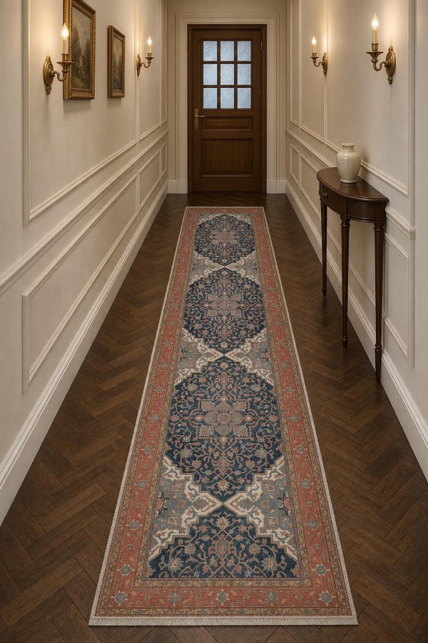Lacivert Mutfak Halısı Alternatifi Klasik Desenli Saçaklı Kilim Yolluk